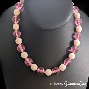 Vintage Pink Glass Bead Necklace Faceted & Smooth Pressed Glass 14" + 3" Ext